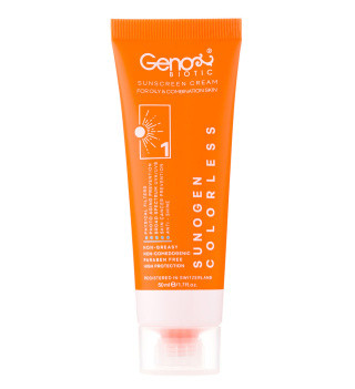 کرم ضد آفتاب بی رنگ ژنوبایوتیک مدل Sunogen با SPF50 مناسب پوست چرب و مختلط